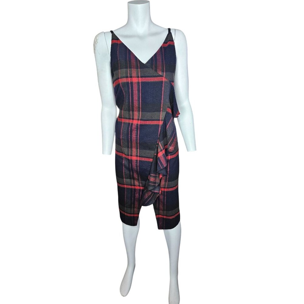 BP. Plaid Black & Red Sleeveless Midi Dress With Ruffle Detail Women Size M